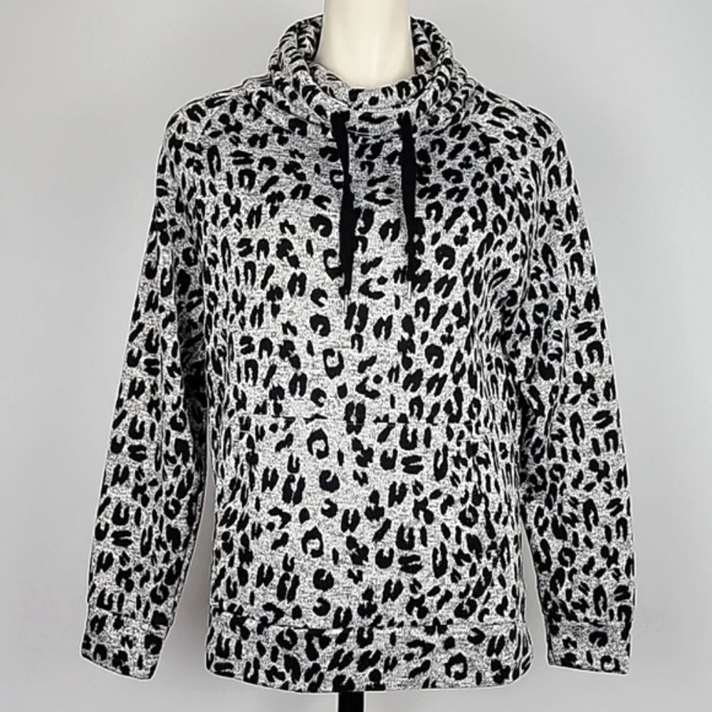 Derek Heart Women's Grey Black Leopard Print Cowl Kneck Kangaroo Pocket Sz Large